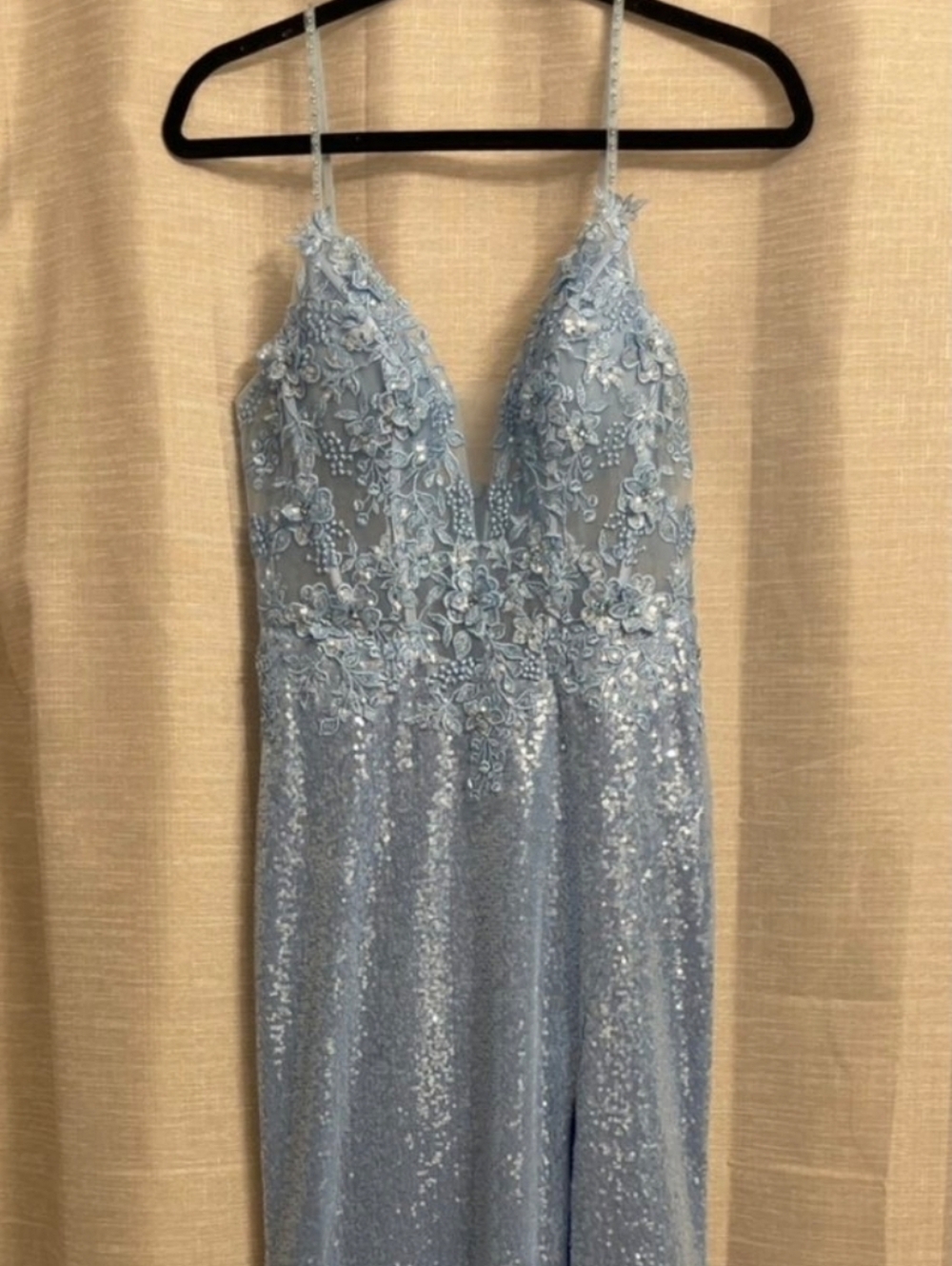 Lace & Sequin Light Blue Evening Dress with Spaghetti Straps